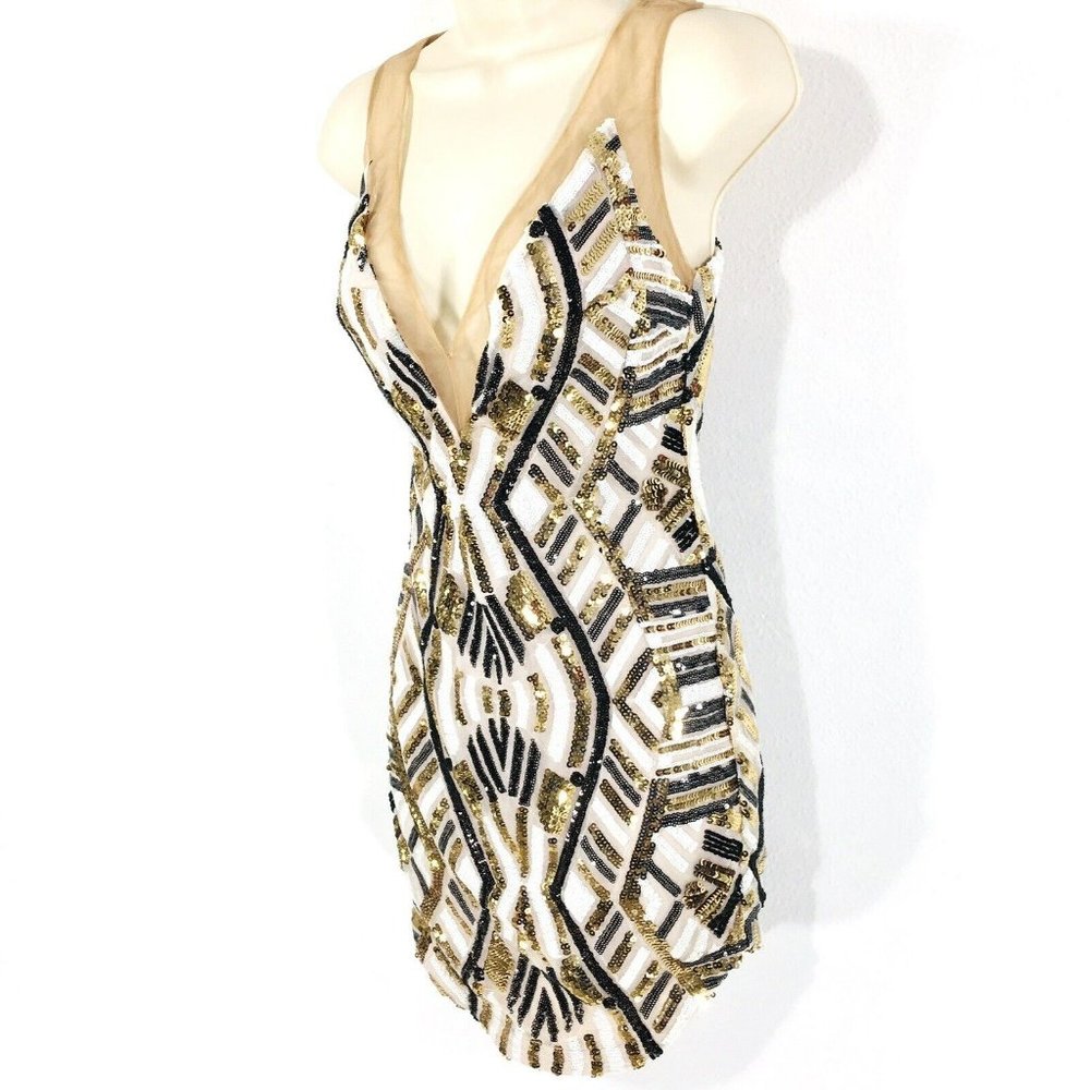 NWT PEPPERMAYO Mini Dress Sz 6 Sequin Bodycon Sheath Illusion V Neck Zipper